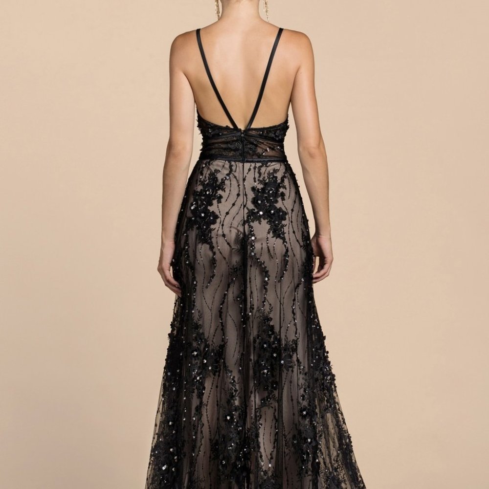Black/Nude V-Neck Beaded Evening open back  Party Prom Dress Gown CD0464 - Picture 4 of 6
